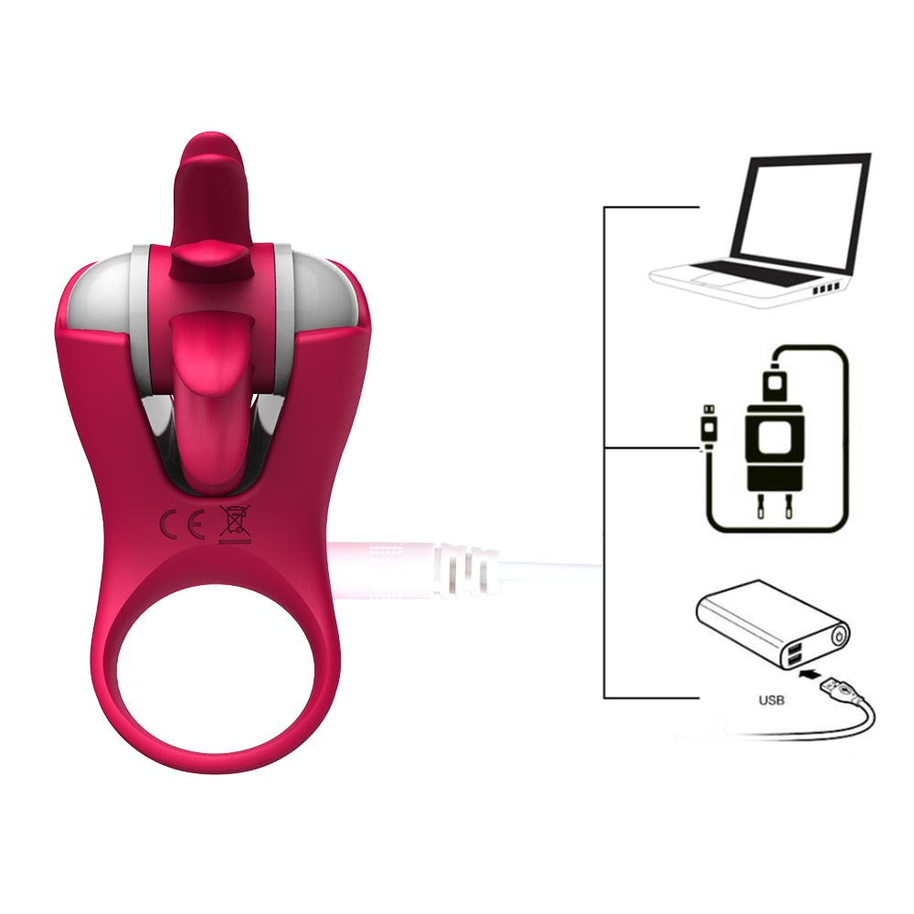 Rotation Oral Tongue Licking Penis Vibrating Ring G-spot Massager