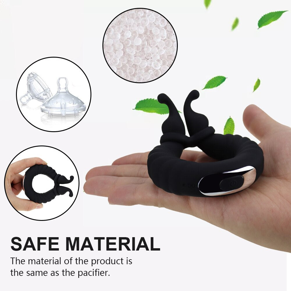 Vibrating Dual Penis Ring Dildo Vibrator Stretchy Adjustable Cock Ring