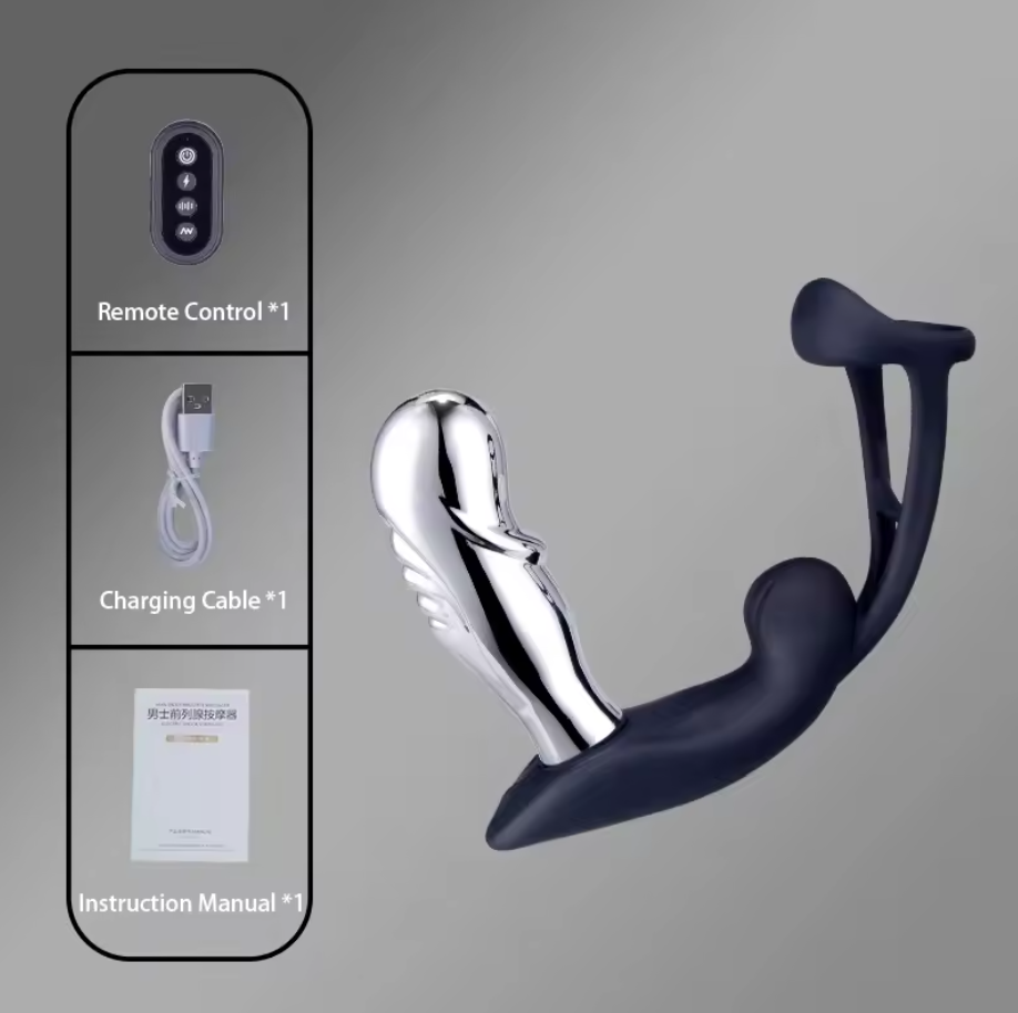 Thor massager with included remote control, USB charging cable and instruction manual